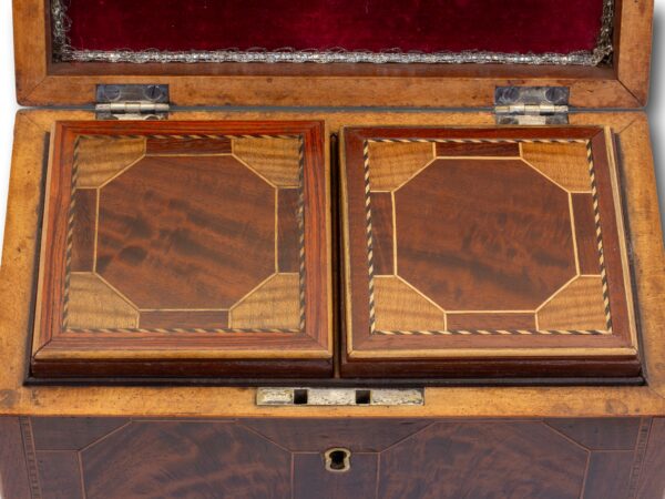 Close up of the tea caddy lids in the Antique Mahogany Tea Chest