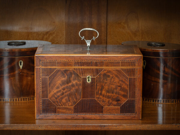 Antique Mahogany Tea Chest in a decorative collectors setting