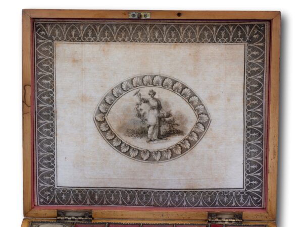 Close up of the inside lid panel of the Antique Rosewood Sewing Box