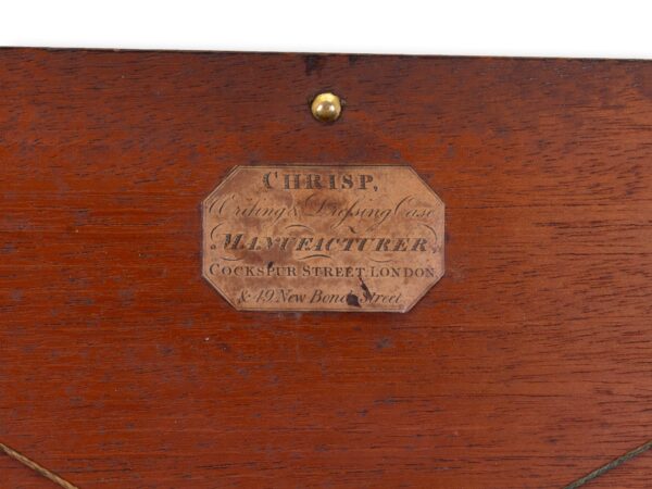 Close up William Chrisp manufacture label in the Antique Rosewood Writing Box William Chrisp