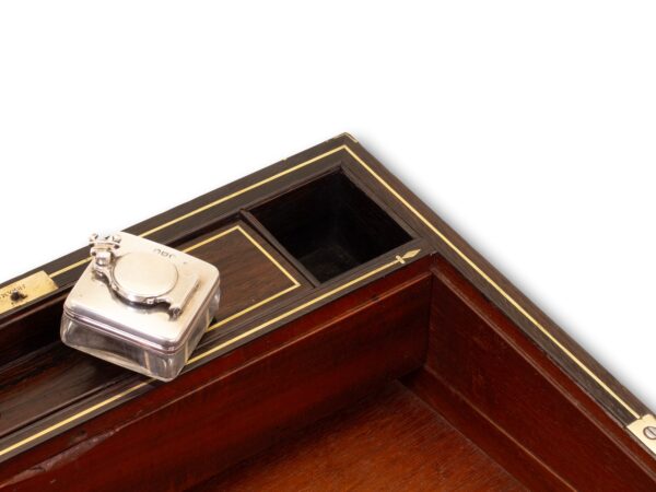 Showing how to access the secret compartment in the Antique Rosewood Writing Box William Chrisp