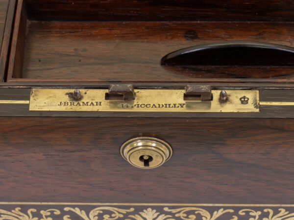 Close up of the J. Bramah lock plate in the Antique Rosewood Writing Box William Chrisp