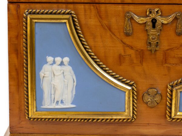 Close up of the three graces wedgwood on the Satinwood and Biscuit Porcelain Stationery Box