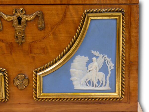 Close up of the Bellerophon watering Pegasus wedgwood on the Satinwood and Biscuit Porcelain Stationery Box