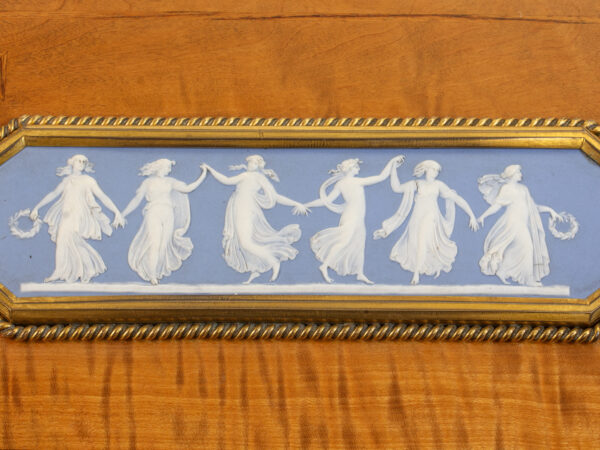 Close up of the Dancing Hours wedgwood on the Satinwood and Biscuit Porcelain Stationery Box