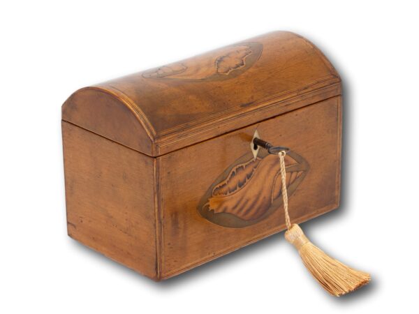 Front overview of the Antique Satinwood Tea Caddy with the key fitted