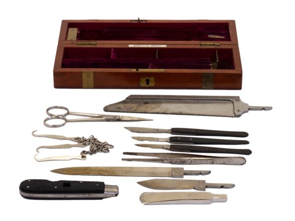 Close up of the tools in the Mahogany Travelling Field Surgeons Box