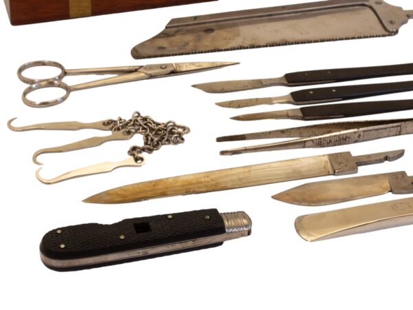 Close up of the tools in the Mahogany Travelling Field Surgeons Box