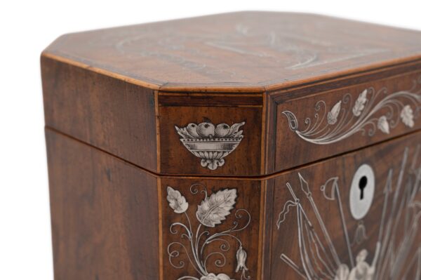 Close up of the corner silver inlay on the Admiral Nelson Commemorative Tea Caddy