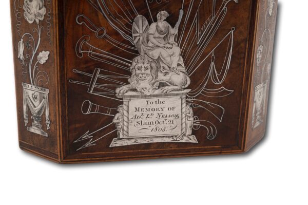 Close up of the front silver inlay on the Admiral Nelson Commemorative Tea Caddy