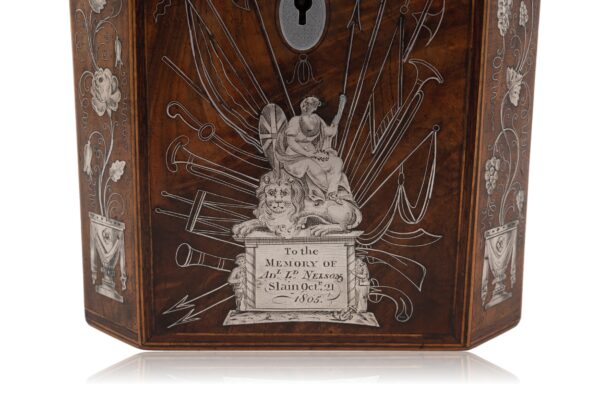 Close up of the front silver inlay on the Admiral Nelson Commemorative Tea Caddy