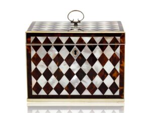 Front overview of the Tortoiseshell and Mother of Pearl Harlequin Tea Caddy