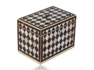 Front overview of the Tortoiseshell and Mother of Pearl Harlequin Tea Caddy