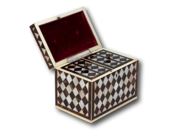 Front overvierw of the Tortoiseshell and Mother of Pearl Harlequin Tea Caddy with the lid up