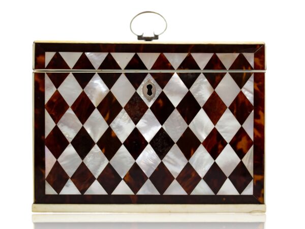 Front of the Tortoiseshell and Mother of Pearl Harlequin Tea Caddy