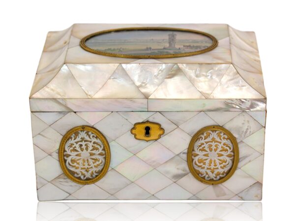 Front of the Austrian Mother of Pearl Sewing Box Balthasar Wigand