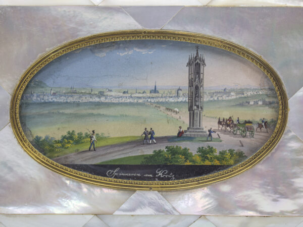 Close up of the painted panel on the Austrian Mother of Pearl Sewing Box Balthasar Wigand