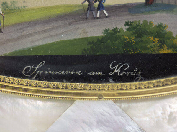 Close up of the painted panel on the Austrian Mother of Pearl Sewing Box Balthasar Wigand