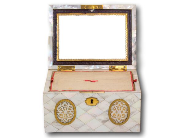 Front of the Austrian Mother of Pearl Sewing Box Balthasar Wigand with the lid up