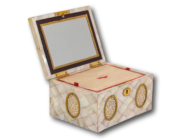 Front overview of the Austrian Mother of Pearl Sewing Box Balthasar Wigand with the lid up