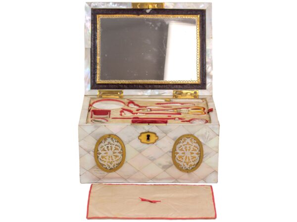 Front overview of the Austrian Mother of Pearl Sewing Box Balthasar Wigand with the lid up and pad removed