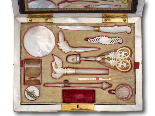 View of the Austrian Mother of Pearl Sewing Box Balthasar Wigand tool tray