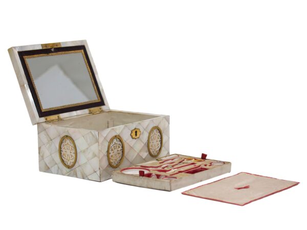 Front overview of the Austrian Mother of Pearl Sewing Box Balthasar Wigand with the contents removed