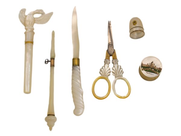 Close up of some of the tools in the Austrian Mother of Pearl Sewing Box Balthasar Wigand