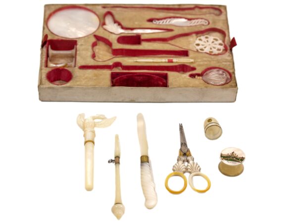 Close up of some of the tools in the Austrian Mother of Pearl Sewing Box Balthasar Wigand
