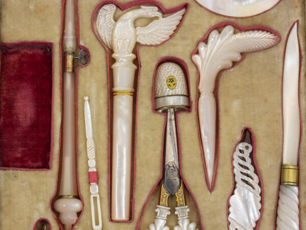 Close up of some of the tools in the Austrian Mother of Pearl Sewing Box Balthasar Wigand
