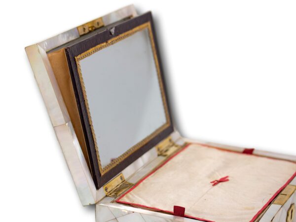 View of the mirror and rear storage in the Austrian Mother of Pearl Sewing Box Balthasar Wigand