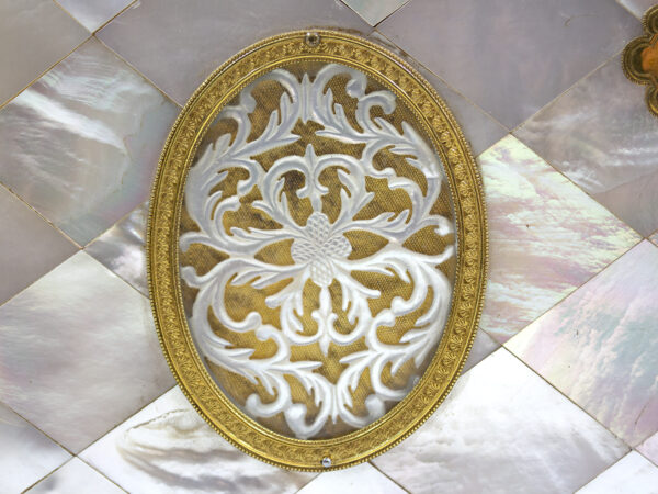 Close up of the mother of pearl decoration on the Austrian Mother of Pearl Sewing Box Balthasar Wigand