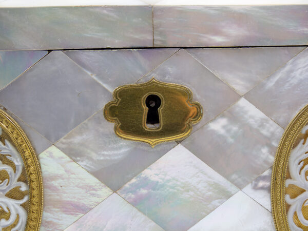 Close up of the escutcheon on the Austrian Mother of Pearl Sewing Box Balthasar Wigand
