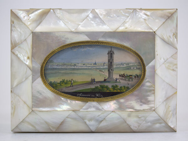 Close up of the painted panel on the Austrian Mother of Pearl Sewing Box Balthasar Wigand