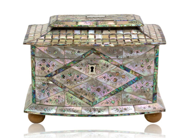 Front overview of the Mother of Pearl Bow Fronted Tea Caddy