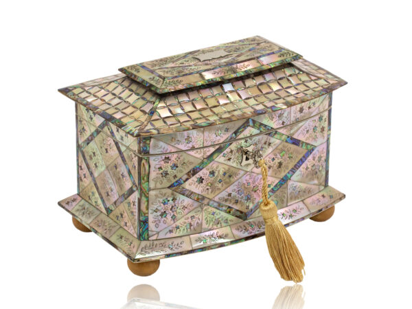 Front overview of the Mother of Pearl Bow Fronted Tea Caddy with the key inserted