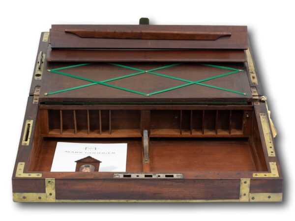 View of the lower compartment showing the reading rail secret compartment and the floor secret compartment in the Captains Campaign Military Writing Box Compendium