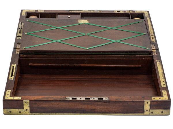 View of the lower compartment showing the reading rail in the Captains Campaign Military Writing Box Compendium