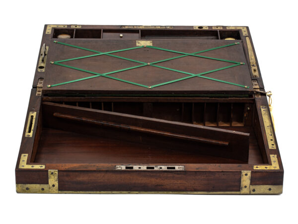 View of the lower compartment showing the reading rail secret compartment in the Captains Campaign Military Writing Box Compendium