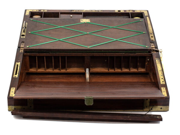 View of the lower compartment showing the reading rail secret compartment in the Captains Campaign Military Writing Box Compendium