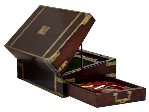 Overview of the Captains Campaign Military Writing Box Compendium with the bracket in place for reading and the side drawer open