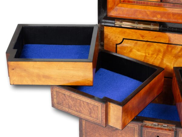 Close up of the jewellery trays in the Amboyna Tiered Jewellery Box