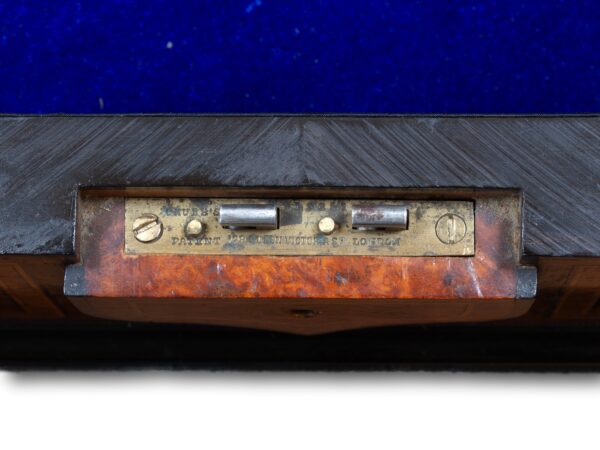 Close up of the Chubb lock in the Amboyna Tiered Jewellery Box