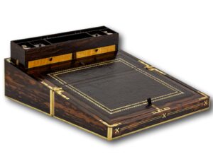 Overview of the Coromandel Harlequin Writing Box Austin with the secret compartment popped up