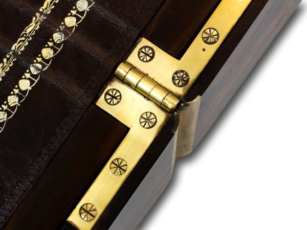 Close up of the hinges on Coromandel Harlequin Writing Box Austin