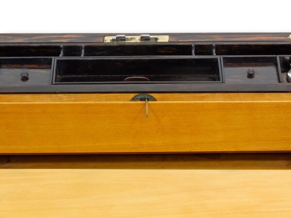 Close up of the top of the Coromandel Harlequin Writing Box Austin showing the plate for the secret compartment pushed in