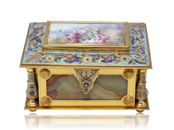 Front overview of the French Champleve and Onyx Jewellery Box