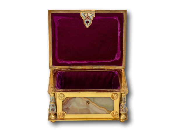 Front overview of the French Champleve and Onyx Jewellery Box with the lid up