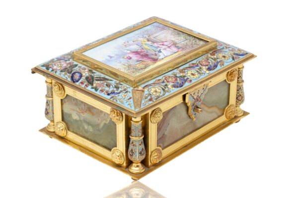 Front overview of the French Champleve and Onyx Jewellery Box