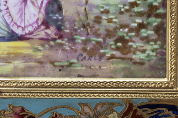 Close up of the sevres style plaque painter signature on the French Champleve and Onyx Jewellery Box